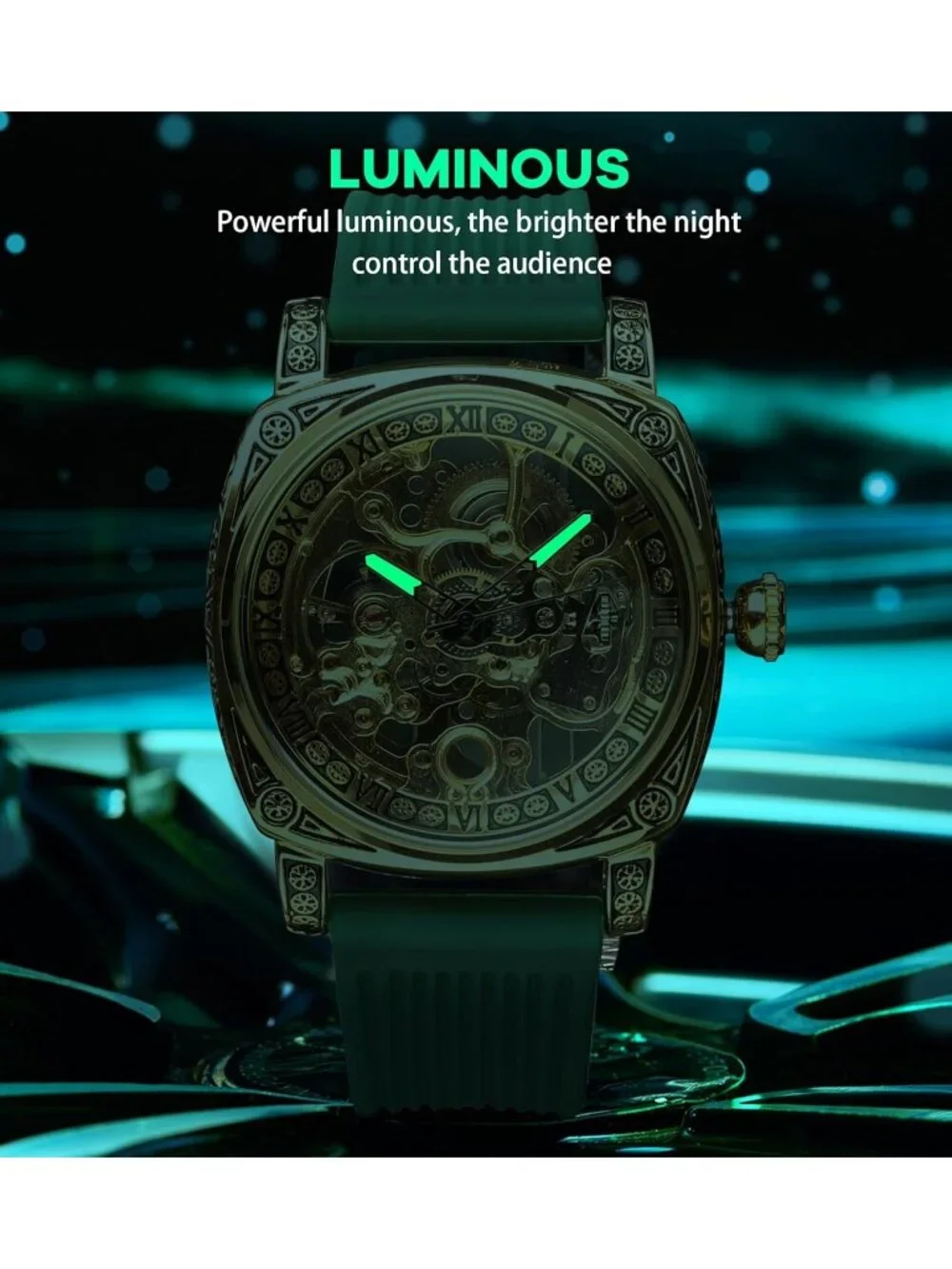 Men's Green Gold Square Mechanical Rubber Strap Self-Wind Carved Automatic Watch